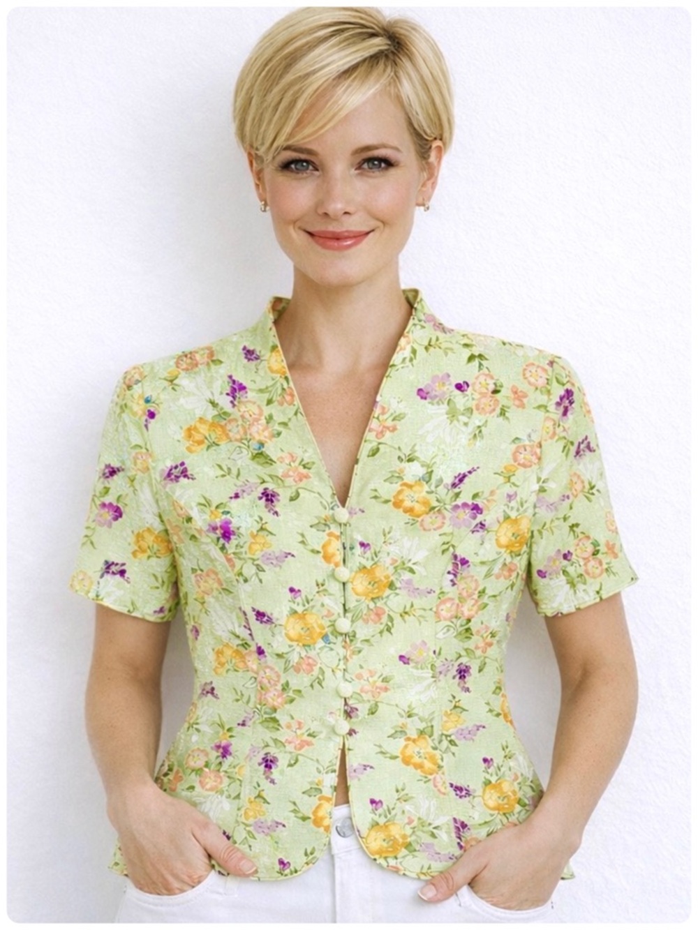 Adrianna Papell 100% Silk Jacket Short Sleeve Green Floral Buttons Front V-Neck